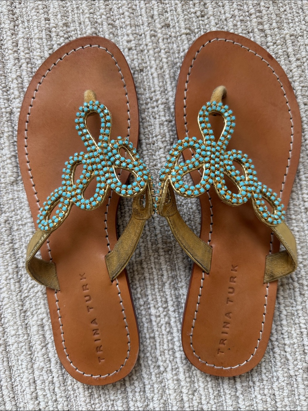 Trina Turk Gold Sandals with Turquoise Beaded Accents